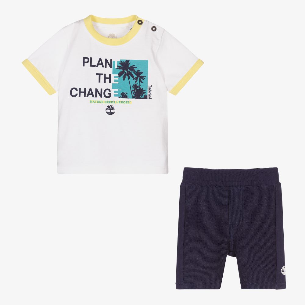 Timberland-طقم شورت أطفال ولادي قطن عضوي لون أبيض وكحلي | Childrensalon Outlet