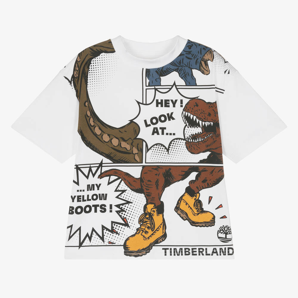Timberland-Boys White Comic Dinosaur T-Shirt | Childrensalon Outlet