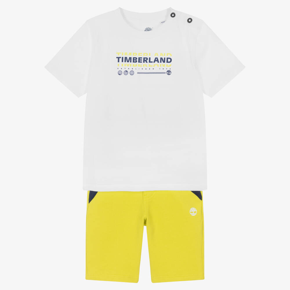 Timberland - طقم شورت قطن عضوي لون أبيض وأخضر ليموني | Childrensalon