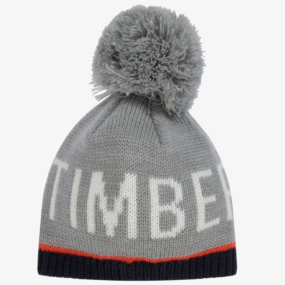 Timberland - Bonnet gris en maille à pompon | Childrensalon