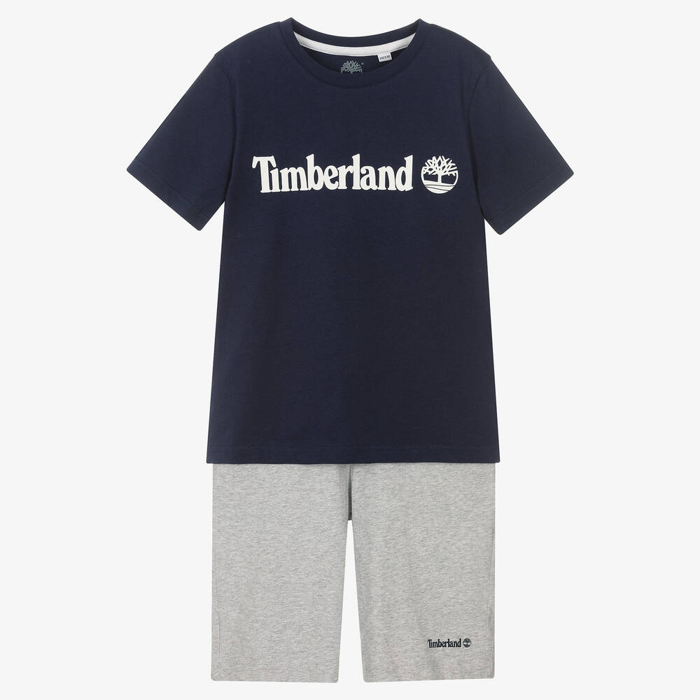 Timberland - طقم شورت تينز ولادي قطن عضوي لون كحلي ورمادي | Childrensalon