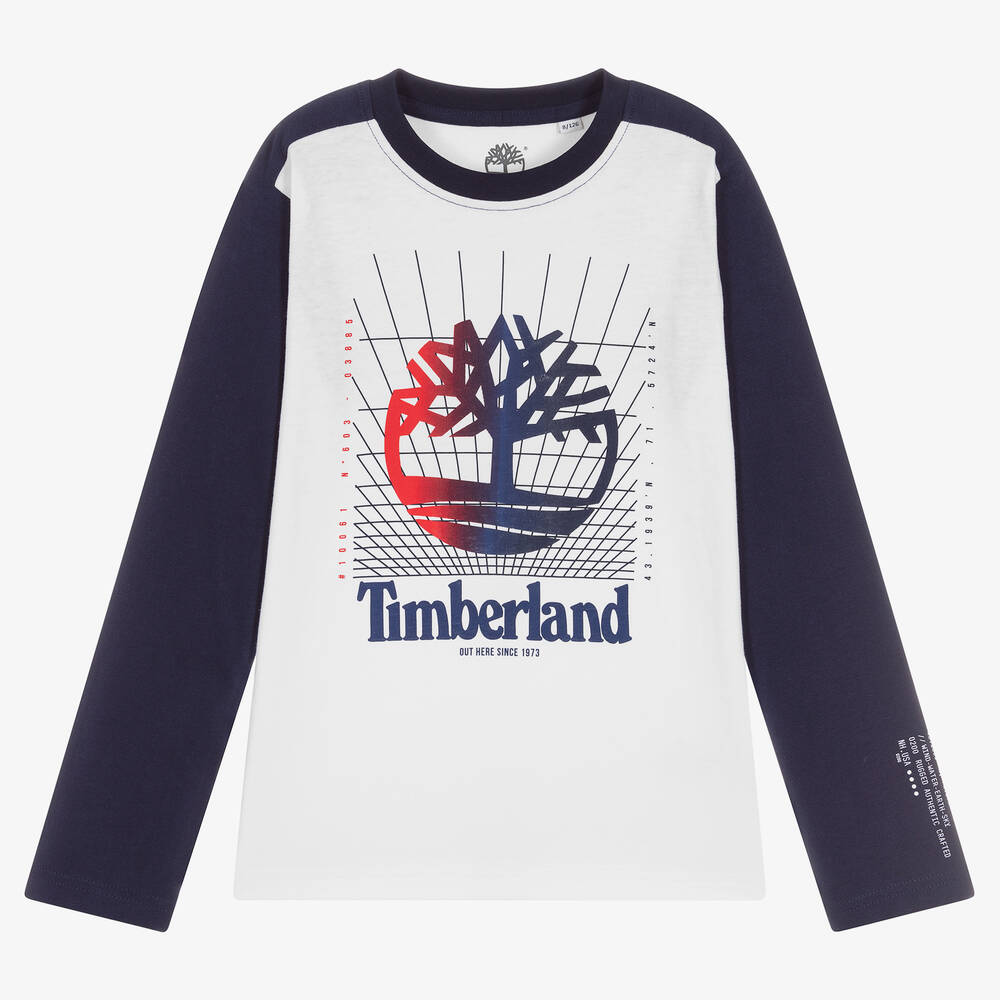 Timberland - توب تينز ولادي قطن عضوي لون أبيض وكحلي | Childrensalon
