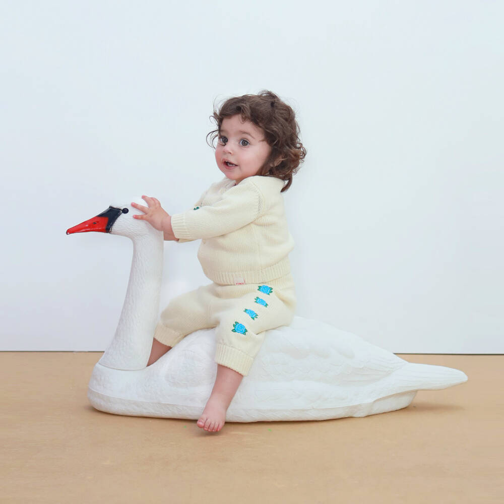 Tinycottons-Baby Girls Ivory Embroidered Floral Cotton Knit Trousers | Childrensalon Outlet