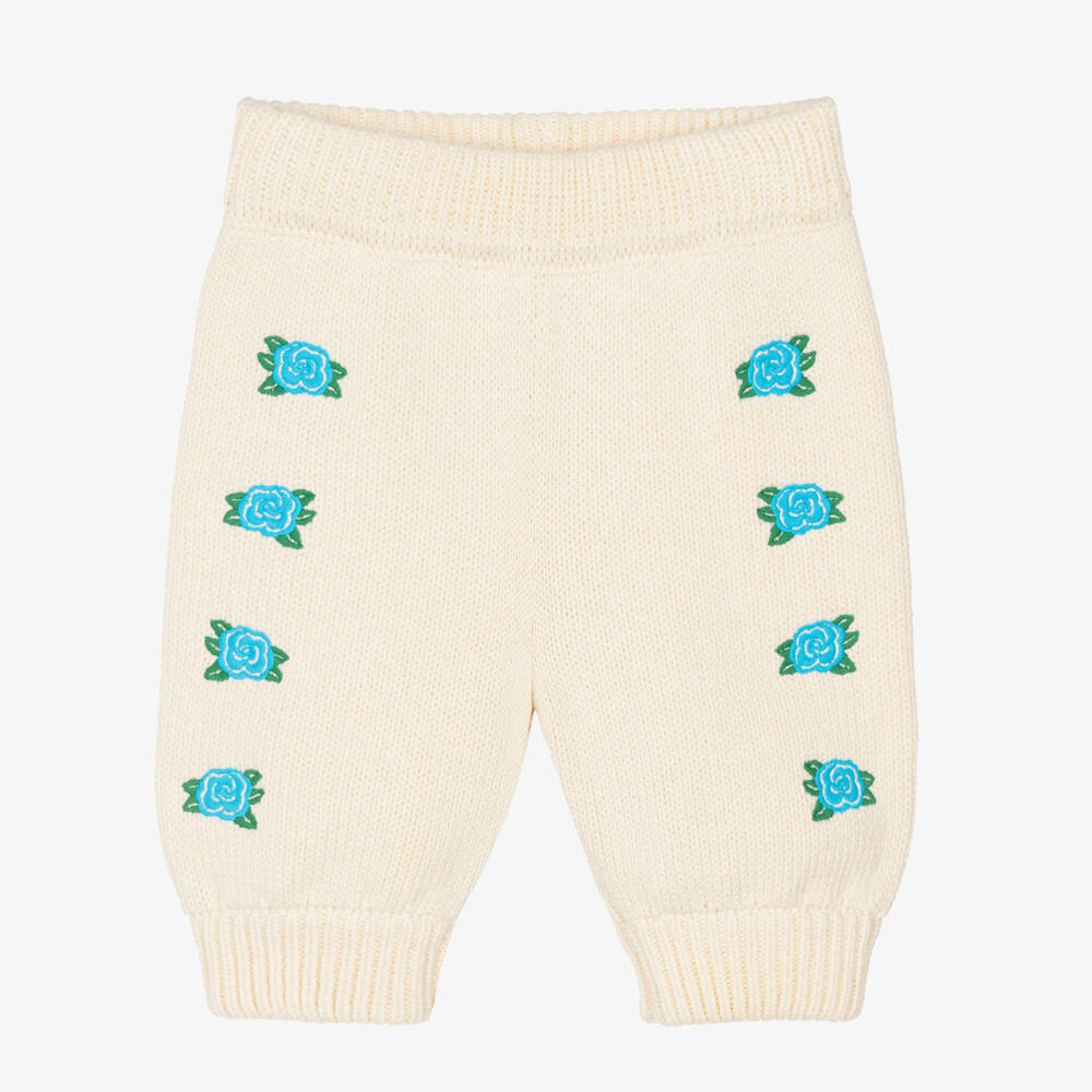 Tinycottons-Baby Girls Ivory Embroidered Floral Cotton Knit Trousers | Childrensalon Outlet