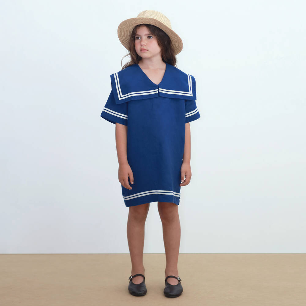 Tinycottons-Girls Blue Cotton & Linen Sailor Dress | Childrensalon Outlet