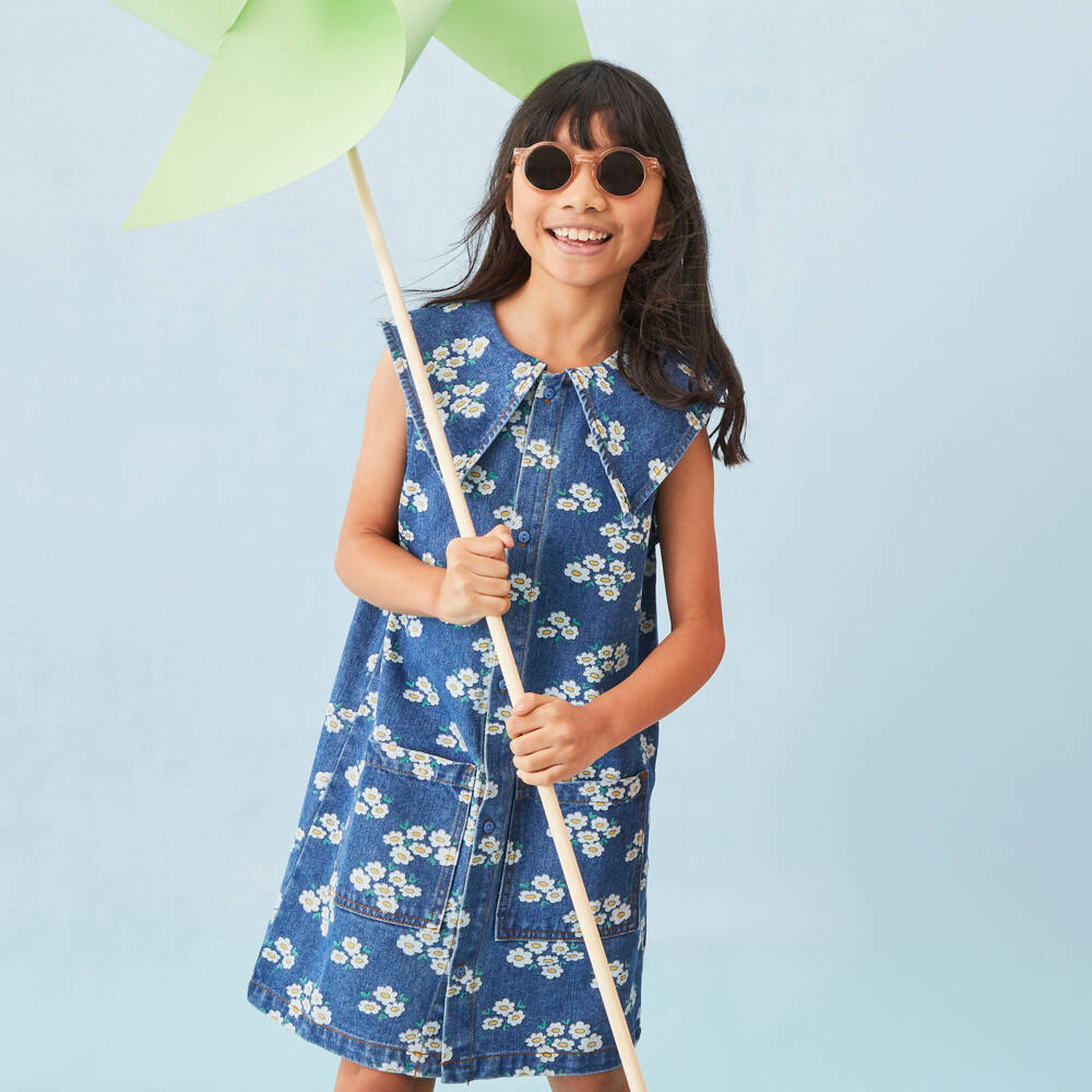 Tinycottons-Girls Blue Denim Floral Print Dress | Childrensalon Outlet