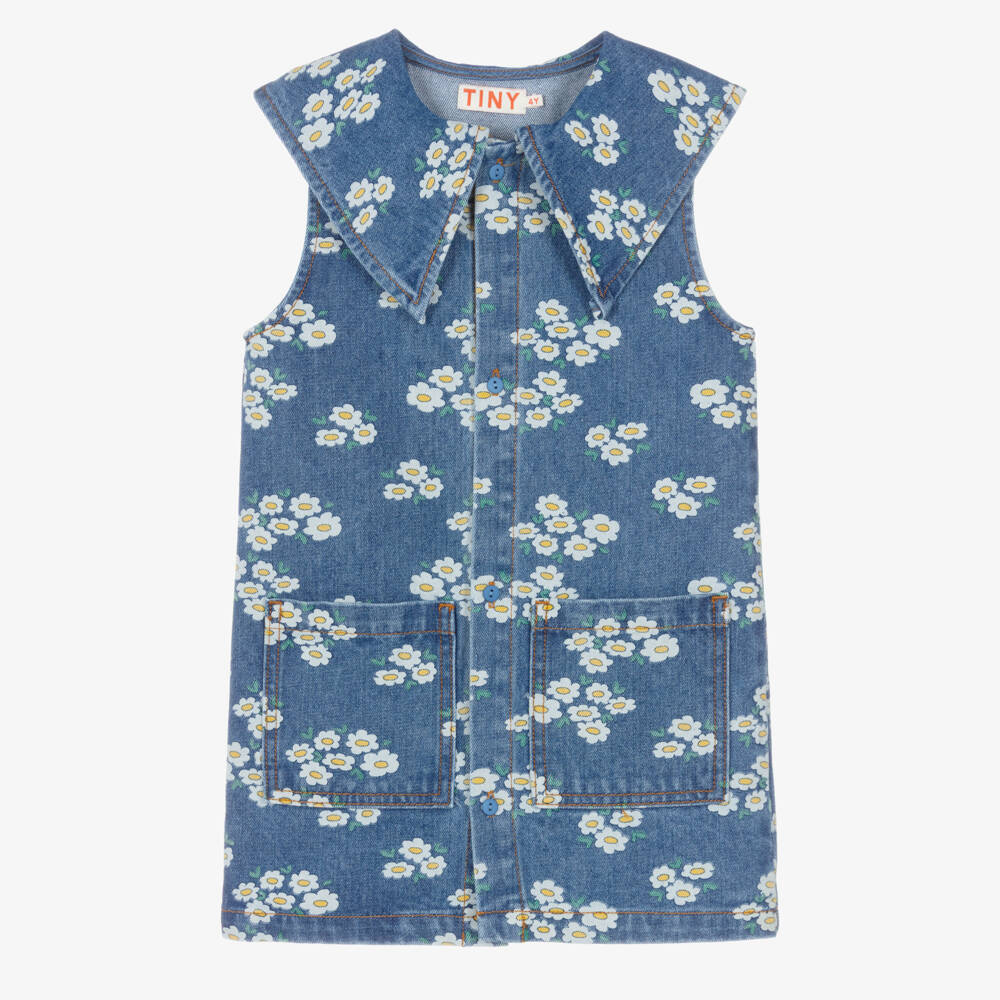 Tinycottons-Girls Blue Denim Floral Print Dress | Childrensalon Outlet