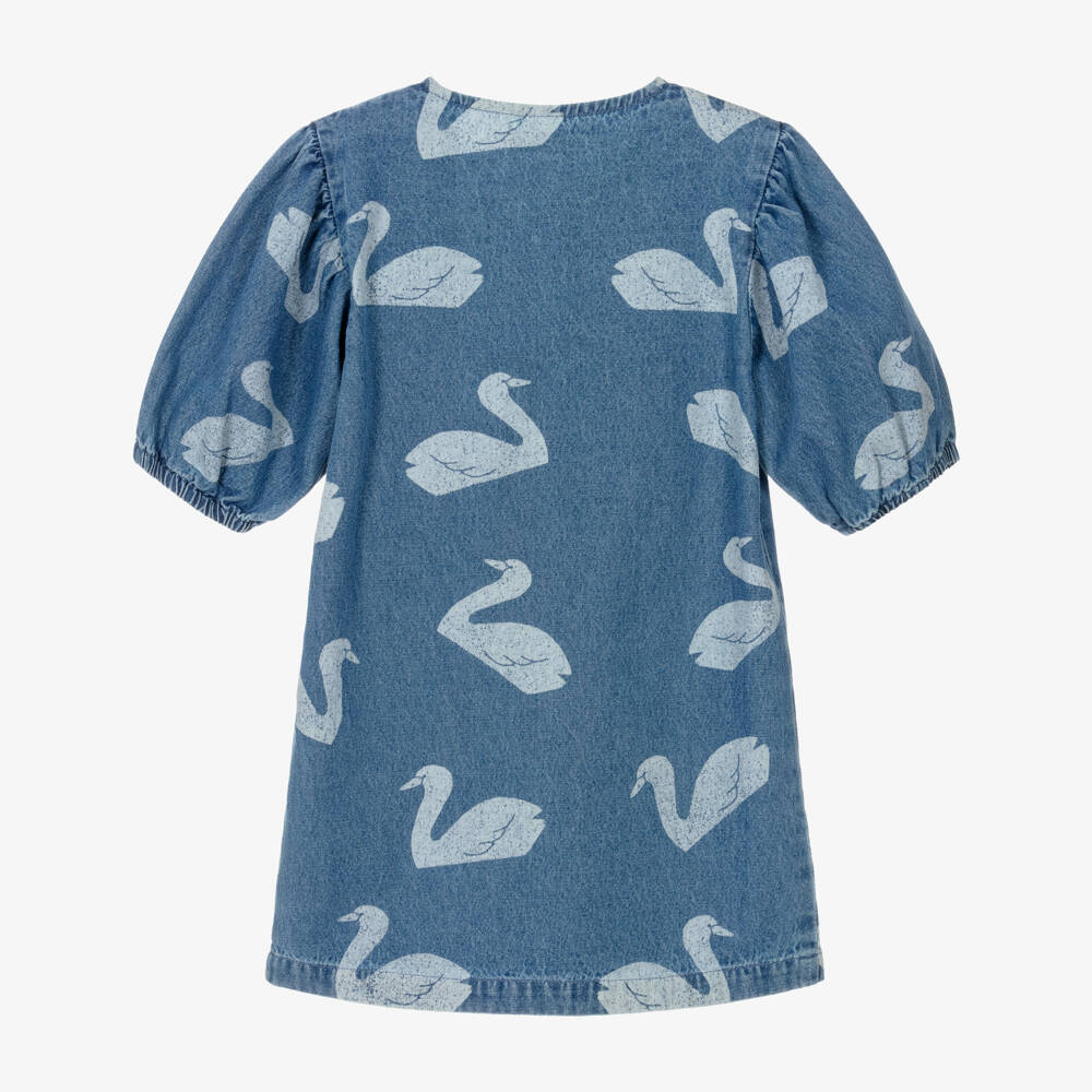 Tinycottons-Girls Blue Denim Swan Print Dress | Childrensalon Outlet