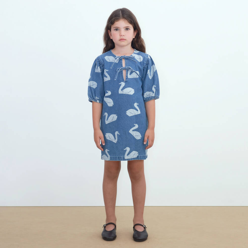 Tinycottons-Girls Blue Denim Swan Print Dress | Childrensalon Outlet