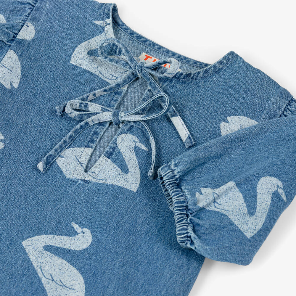 Tinycottons-Girls Blue Denim Swan Print Dress | Childrensalon Outlet