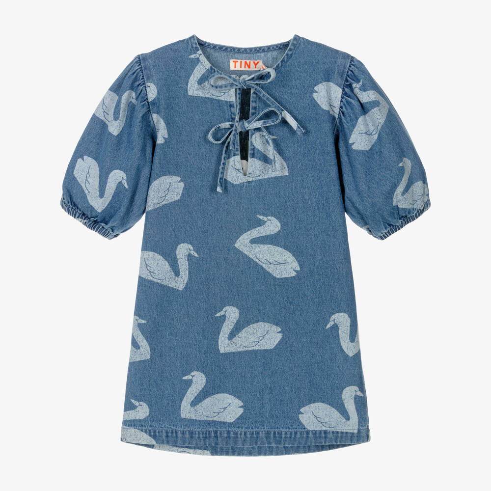 Tinycottons-Girls Blue Denim Swan Print Dress | Childrensalon Outlet