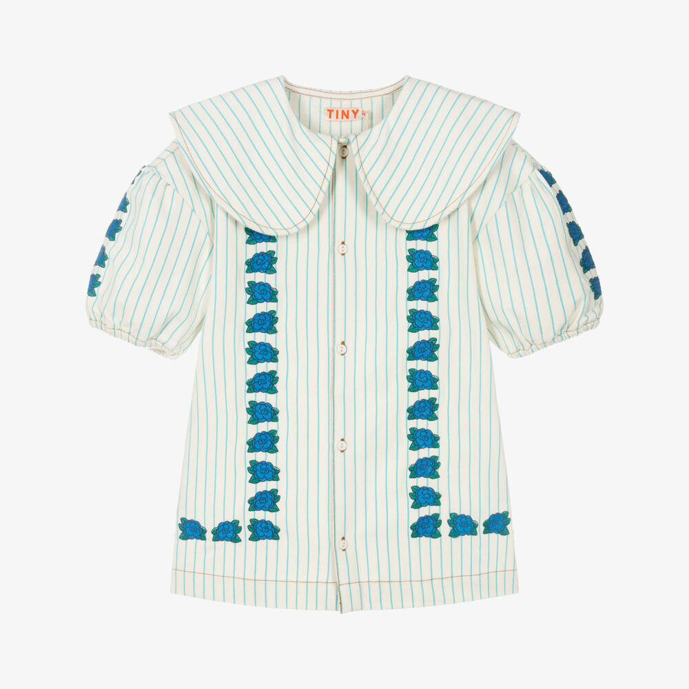 Tinycottons-Girls Ivory & Blue Stripe Embroidered Floral Cotton Dress | Childrensalon Outlet