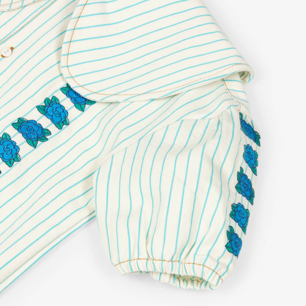 Tinycottons-Girls Ivory & Blue Stripe Embroidered Floral Cotton Dress | Childrensalon Outlet