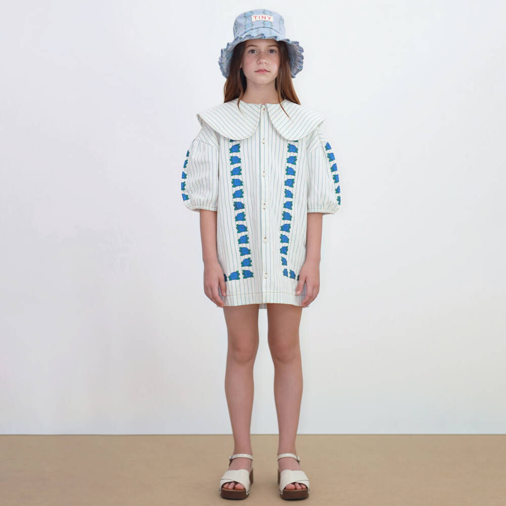 Tinycottons-Girls Ivory & Blue Stripe Embroidered Floral Cotton Dress | Childrensalon Outlet