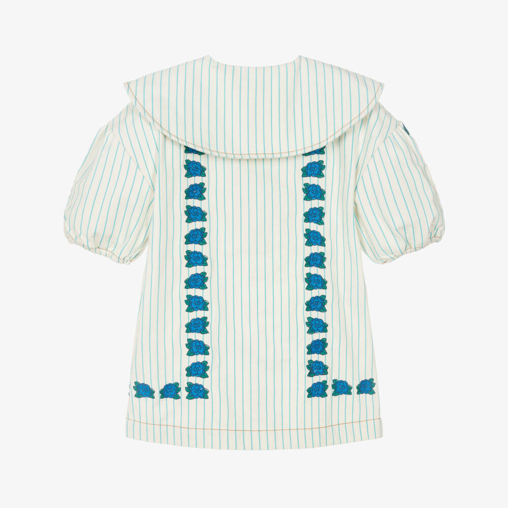 Tinycottons-Girls Ivory & Blue Stripe Embroidered Floral Cotton Dress | Childrensalon Outlet