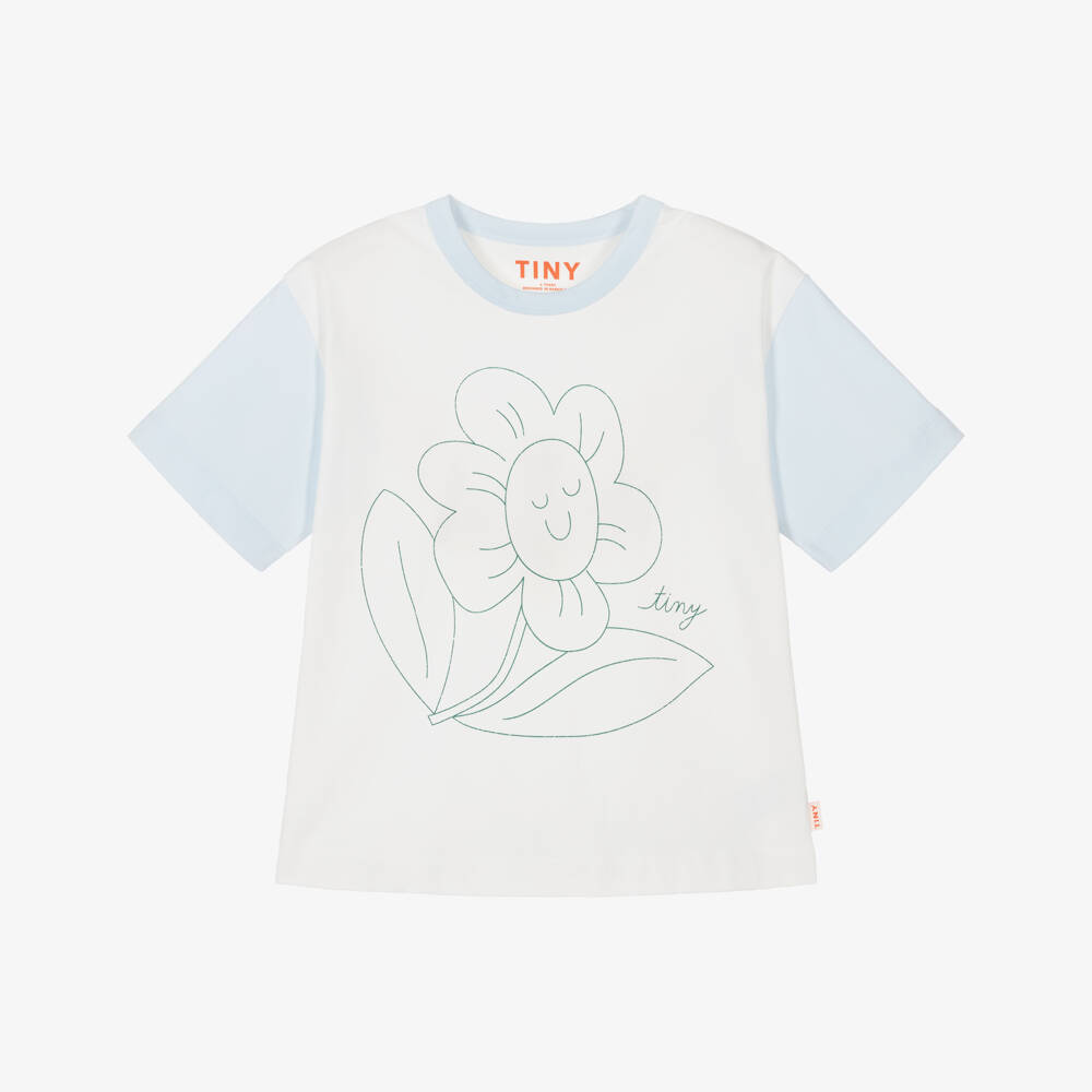 Tinycottons-Girls Off-White & Blue Cotton T-Shirt with Flower Print | Childrensalon Outlet