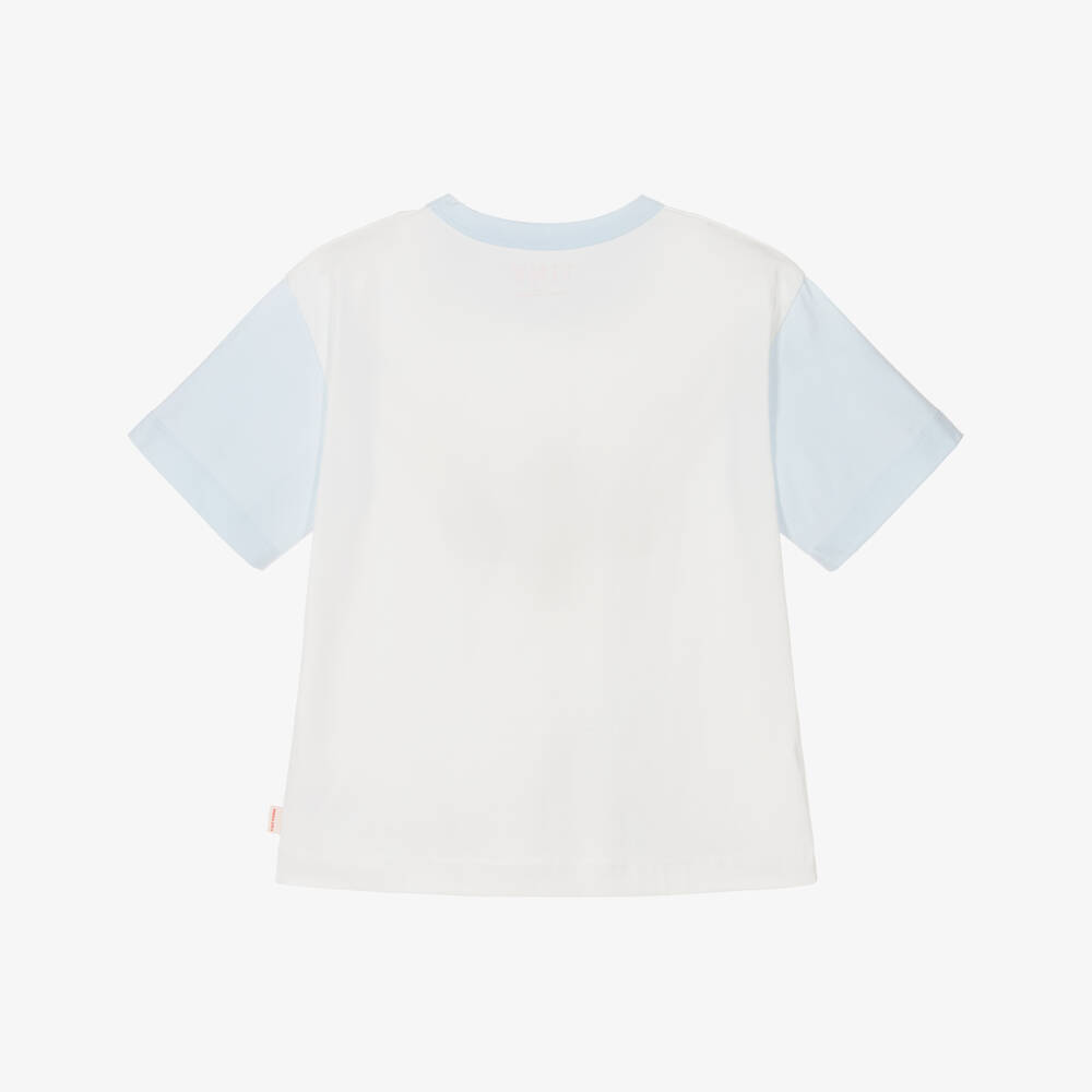Tinycottons-Girls Off-White & Blue Cotton T-Shirt with Flower Print | Childrensalon Outlet
