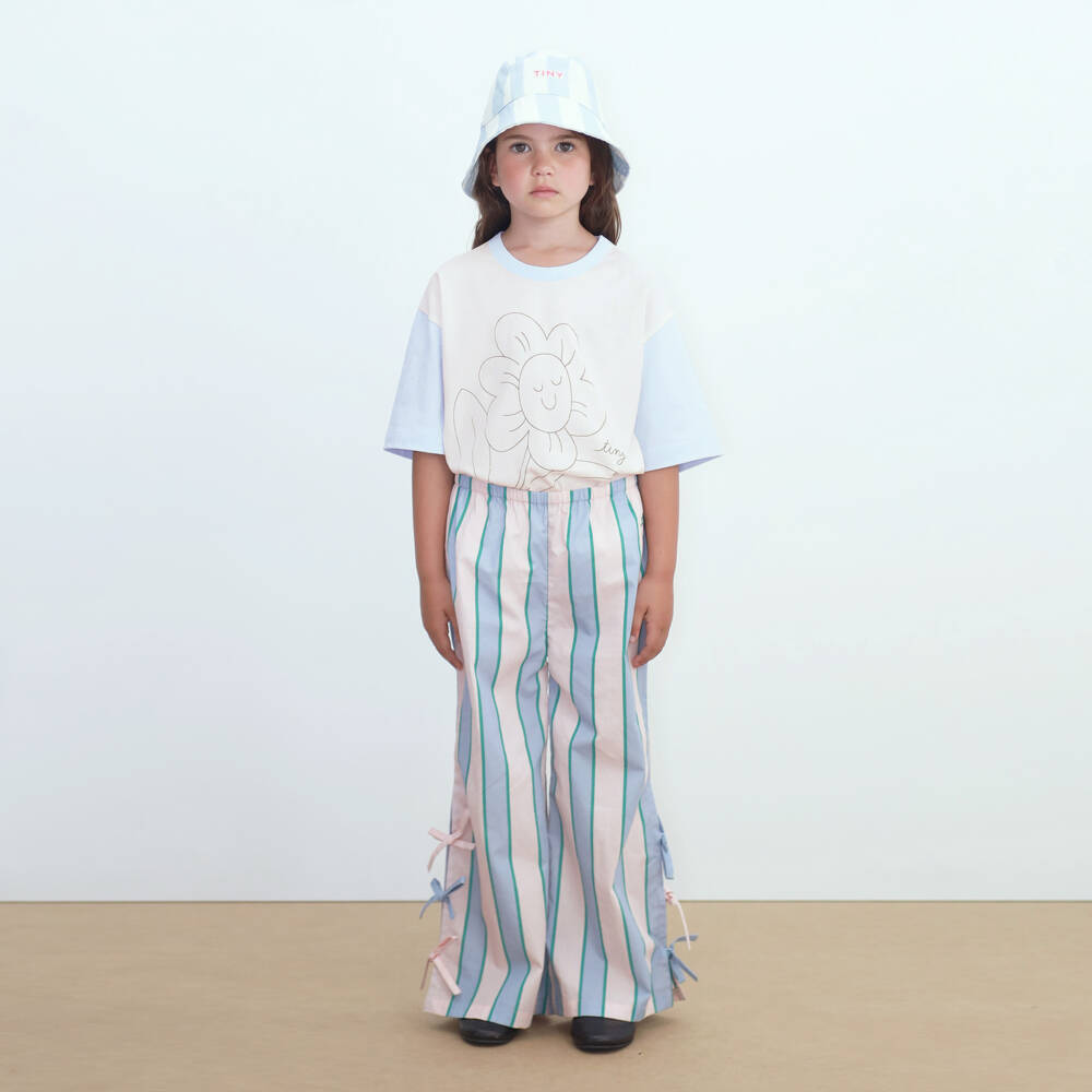 Tinycottons-Girls Off-White & Blue Cotton T-Shirt with Flower Print | Childrensalon Outlet