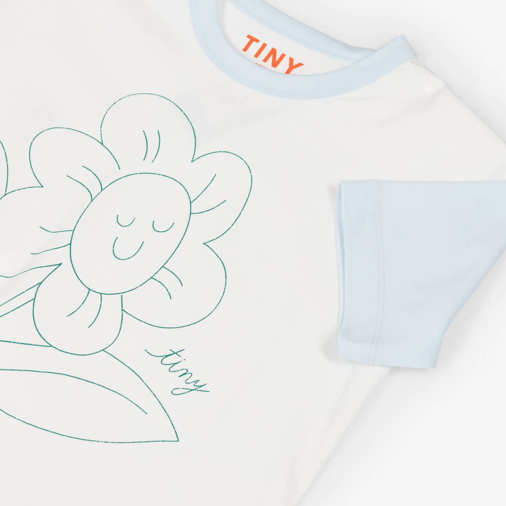 Tinycottons-Girls Off-White & Blue Cotton T-Shirt with Flower Print | Childrensalon Outlet