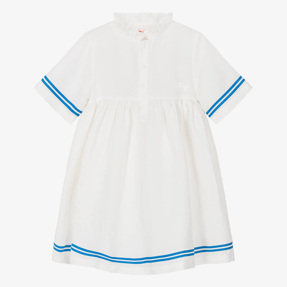 Tinycottons-Girls Off-White Cotton & Linen Dress with Blue Stripe Trim | Childrensalon Outlet