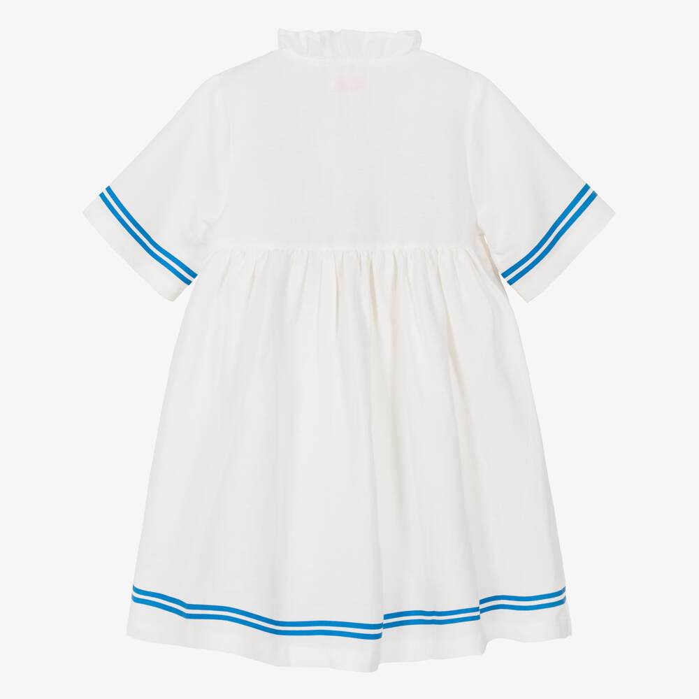 Tinycottons-Girls Off-White Cotton & Linen Dress with Blue Stripe Trim | Childrensalon Outlet