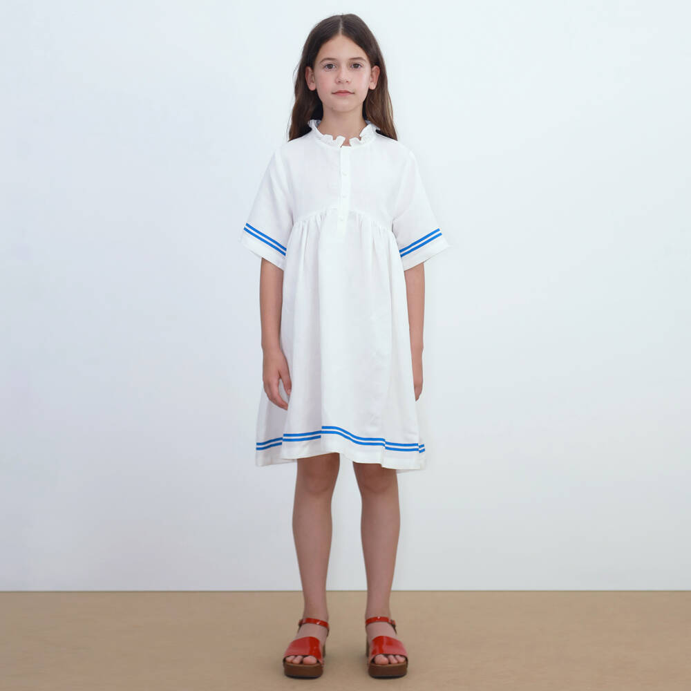 Tinycottons-Girls Off-White Cotton & Linen Dress with Blue Stripe Trim | Childrensalon Outlet