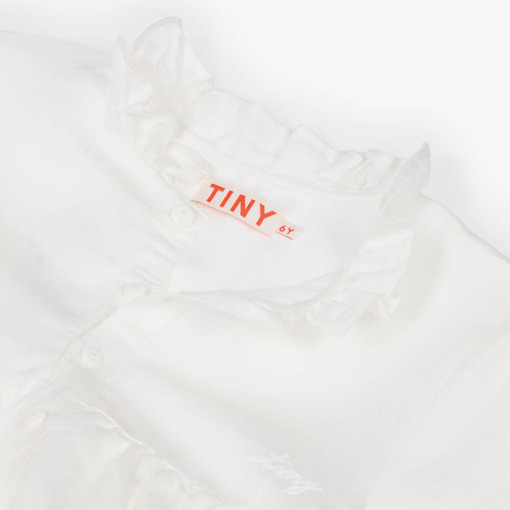 Tinycottons-Girls Off-White Cotton & Linen Dress with Blue Stripe Trim | Childrensalon Outlet