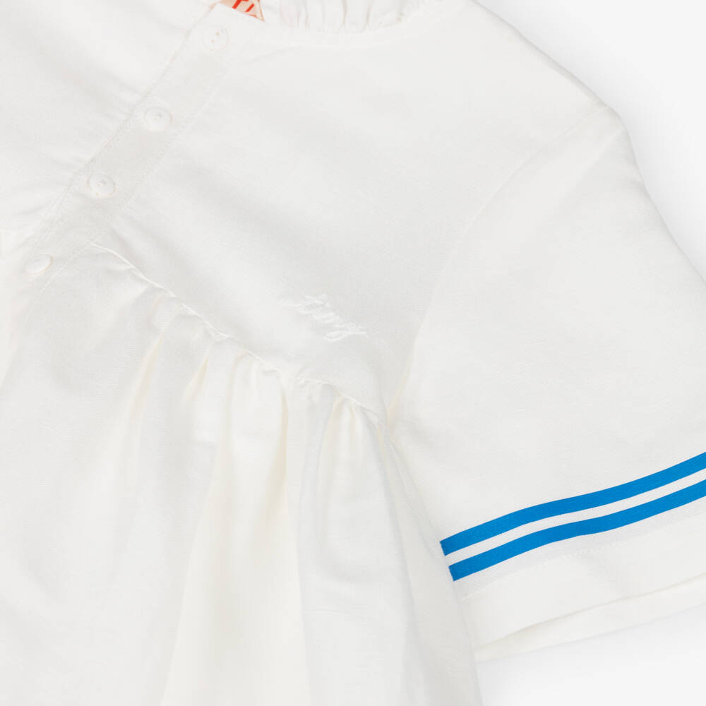 Tinycottons-Girls Off-White Cotton & Linen Dress with Blue Stripe Trim | Childrensalon Outlet