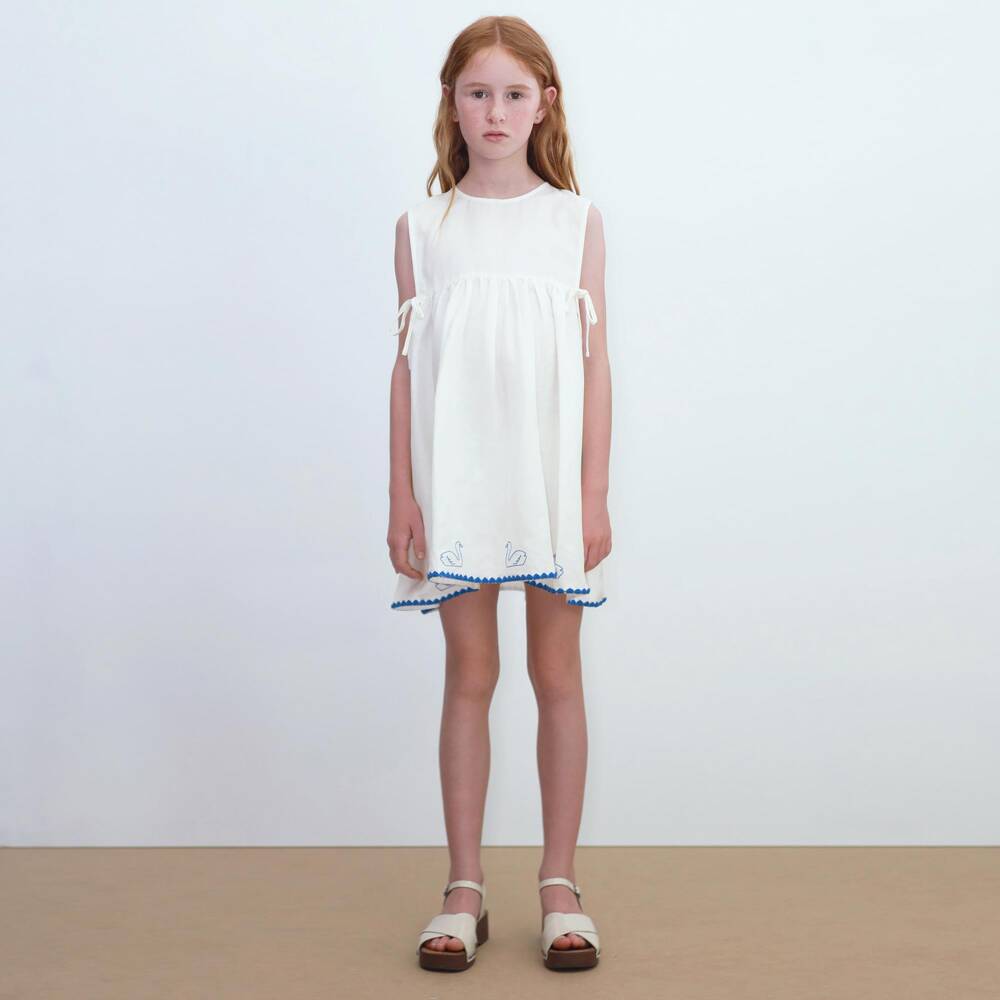 Tinycottons-Girls Off-White Cotton & Linen Dress with Swan Embroidery | Childrensalon Outlet