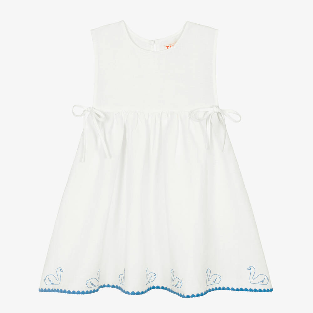 Tinycottons-Girls Off-White Cotton & Linen Dress with Swan Embroidery | Childrensalon Outlet