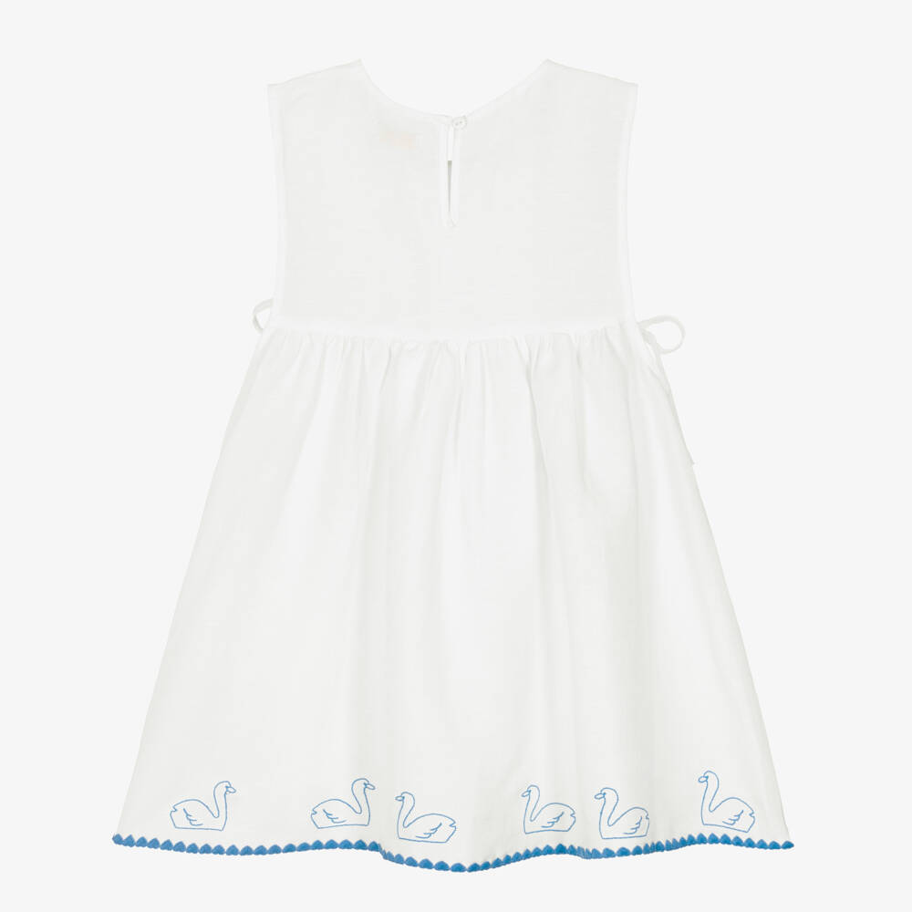 Tinycottons-Girls Off-White Cotton & Linen Dress with Swan Embroidery | Childrensalon Outlet