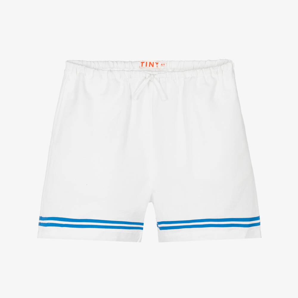 Tinycottons-Girls Off-White Cotton & Linen Shorts with Blue Stripe Trim | Childrensalon Outlet