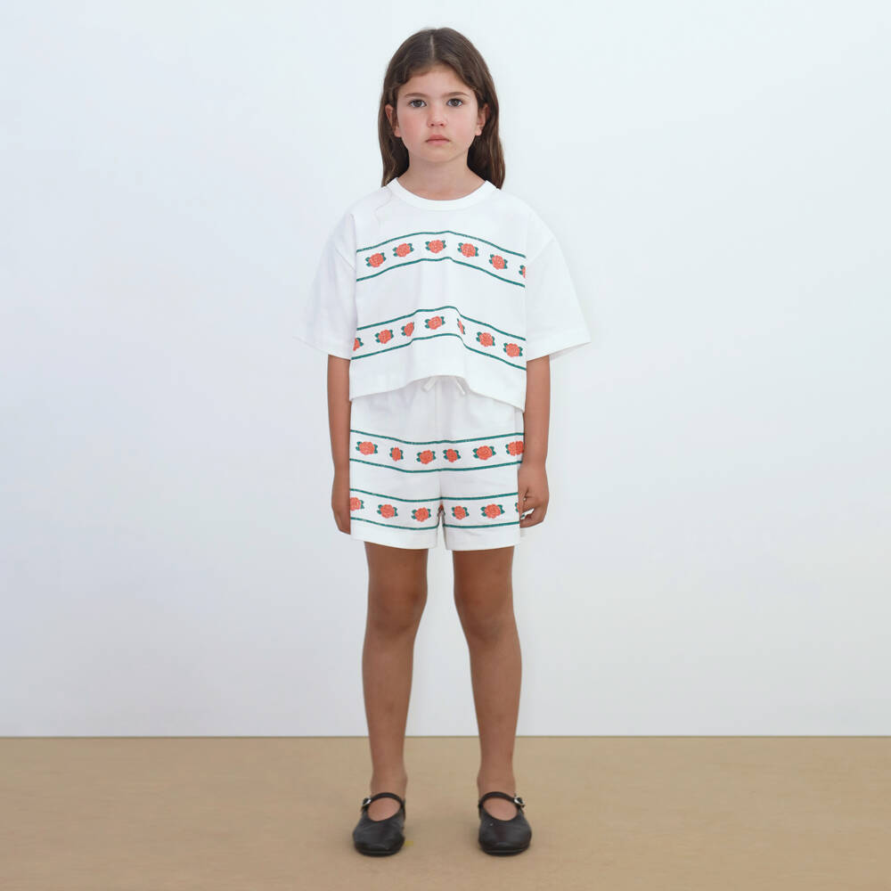 Tinycottons-Girls Off-White Cotton Rose Print T-Shirt | Childrensalon Outlet