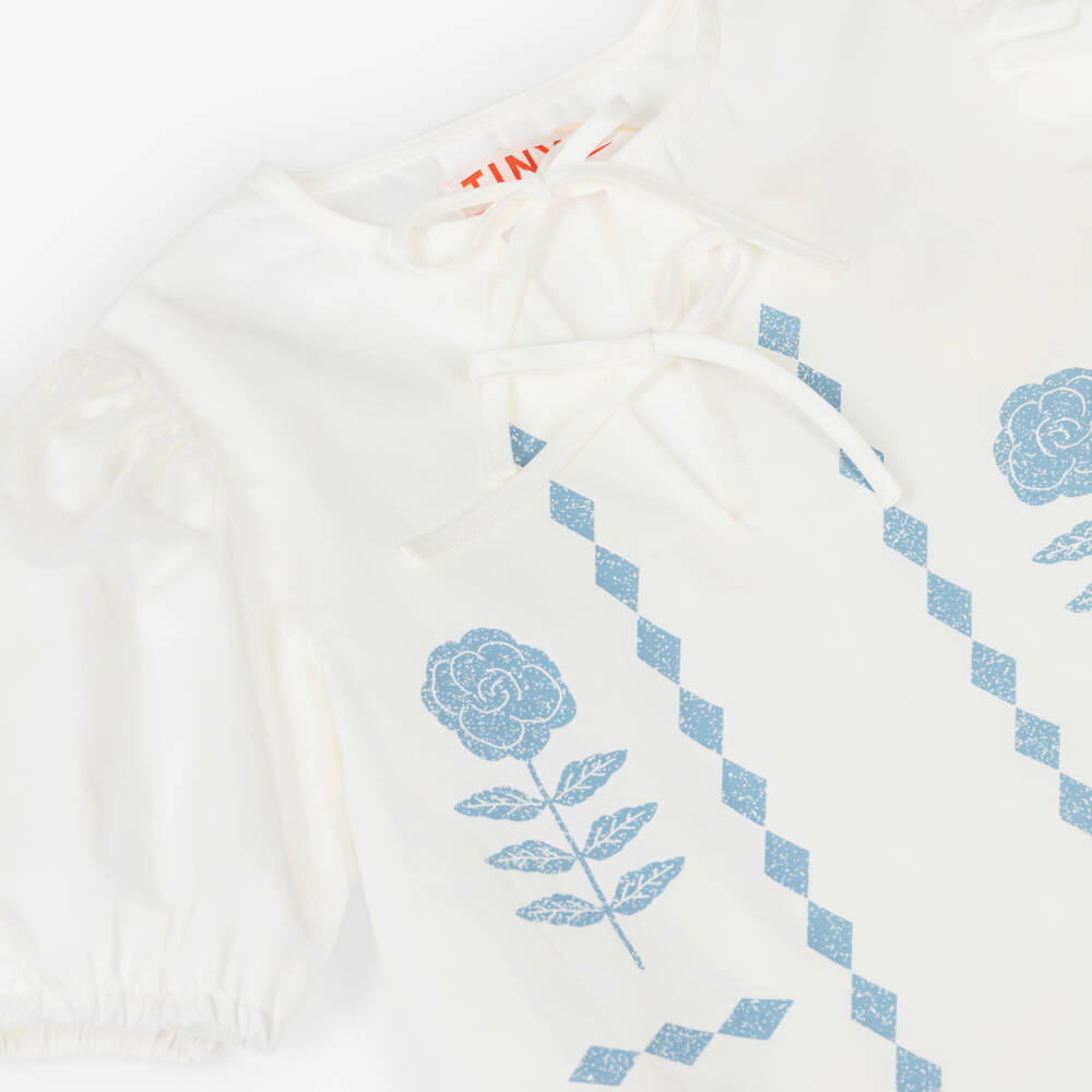 Tinycottons-Girls Off-White Puff Sleeve Dress with Blue Floral Print | Childrensalon Outlet