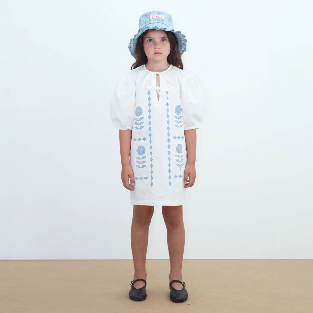 Tinycottons-Girls Off-White Puff Sleeve Dress with Blue Floral Print | Childrensalon Outlet