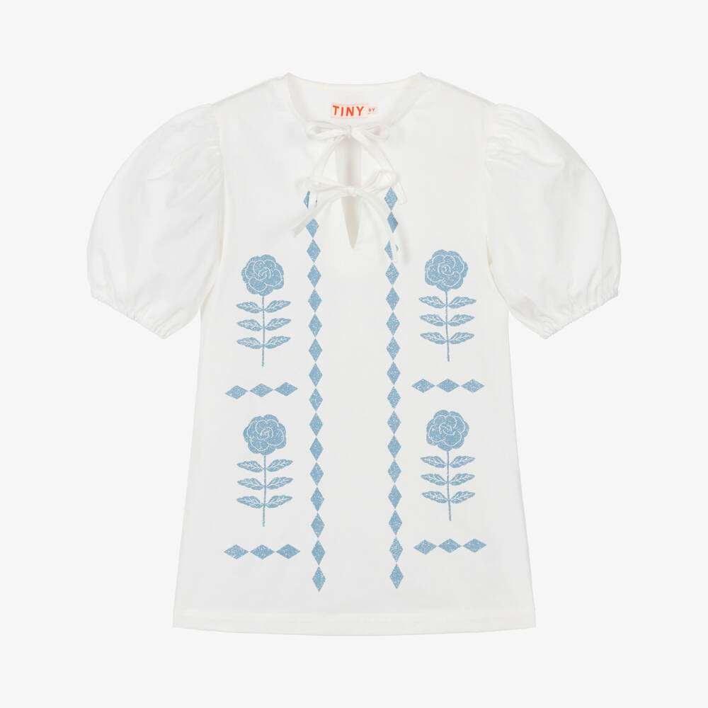 Tinycottons-Girls Off-White Puff Sleeve Dress with Blue Floral Print | Childrensalon Outlet