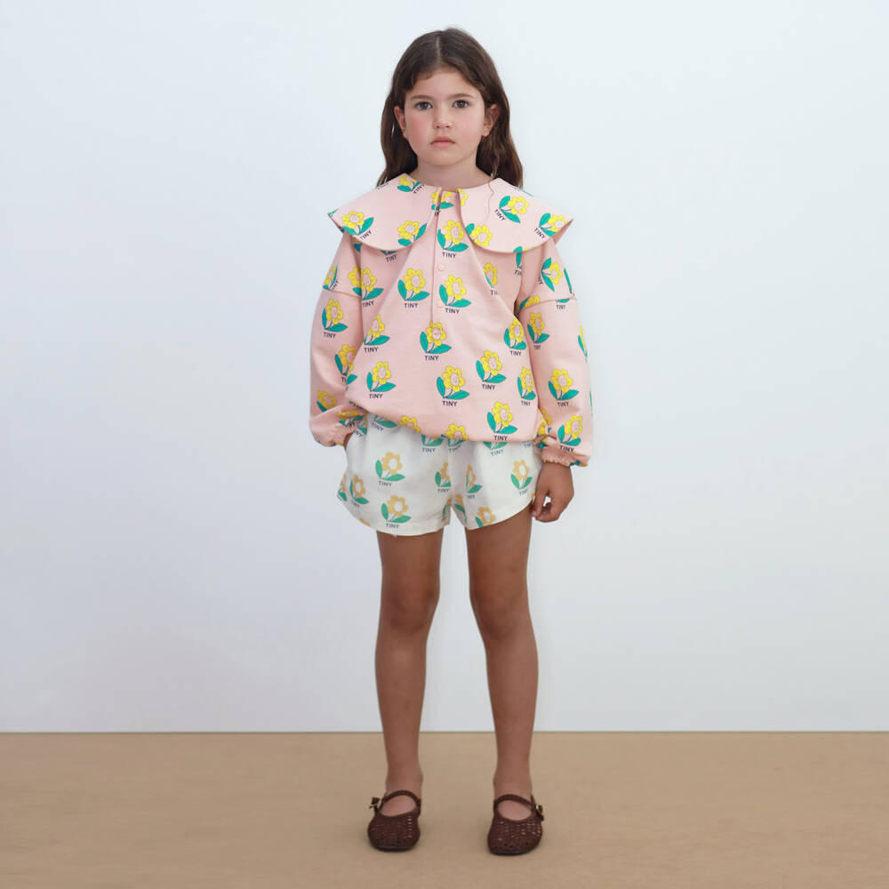 Tinycottons-Girls Pink Cotton Happy Flower Sweatshirt with Collar | Childrensalon Outlet