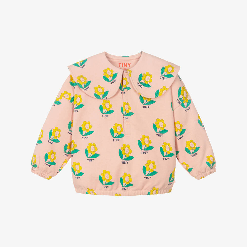Tinycottons-Girls Pink Cotton Happy Flower Sweatshirt with Collar | Childrensalon Outlet