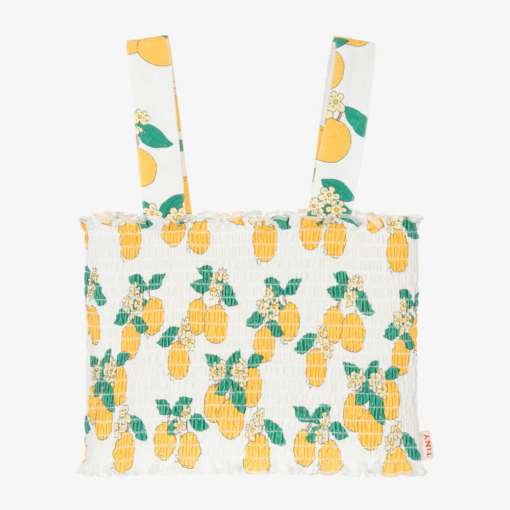 Tinycottons-Girls White Cotton Jersey Orange Print Shirred Crop Top | Childrensalon Outlet