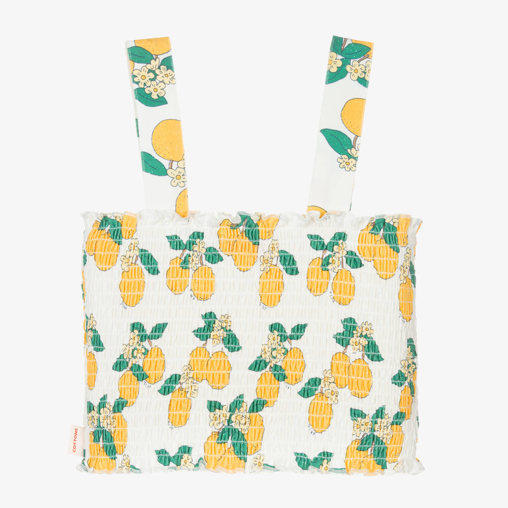 Tinycottons-Girls White Cotton Jersey Orange Print Shirred Crop Top | Childrensalon Outlet