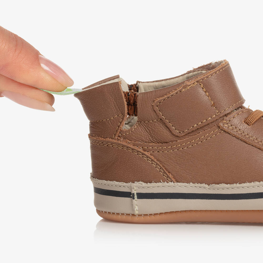 Tip Toey Joey-Baby Boys Brown Leather Hi-Top Trainers | Childrensalon Outlet