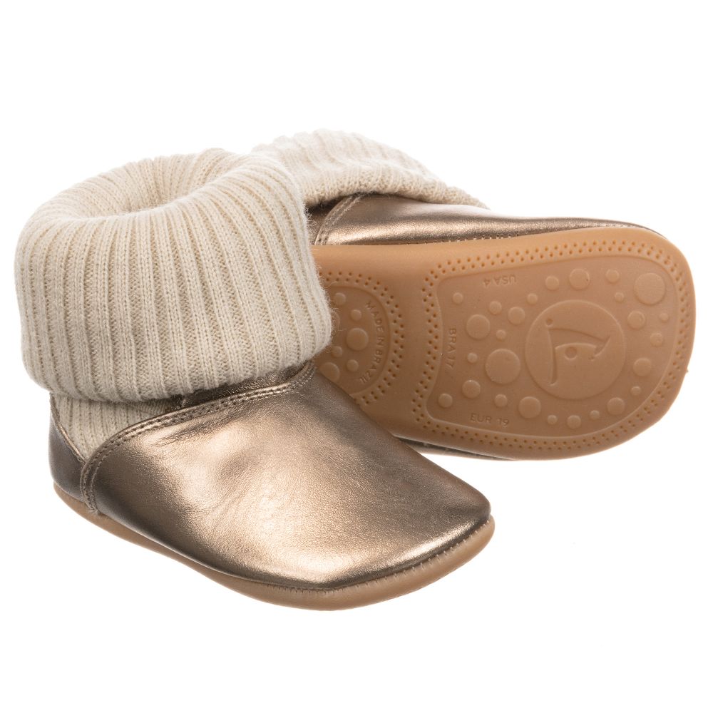 Tip Toey Joey - Chaussons-chaussettes dorés en cuir Bébé | Childrensalon