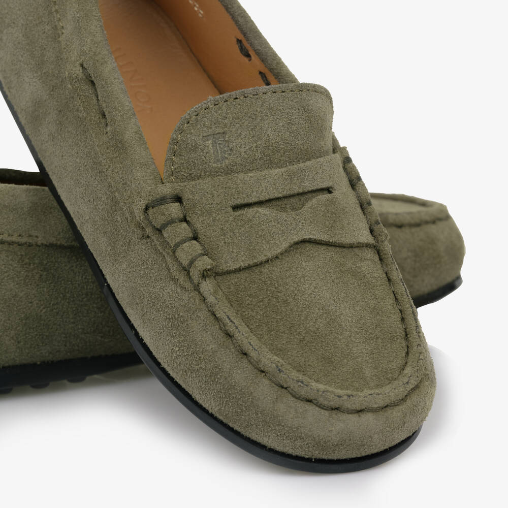 Tod's-Khaki Green Suede Moccasins | Childrensalon Outlet