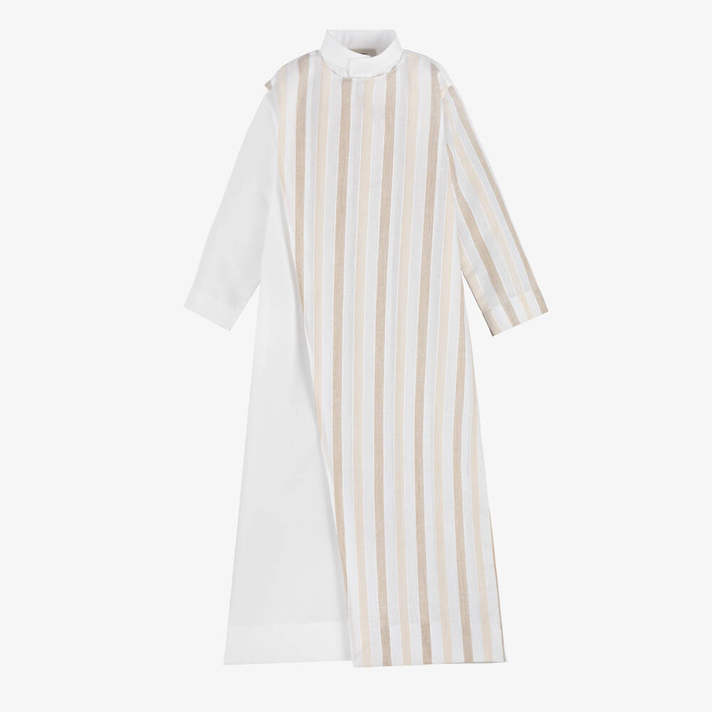 Tomi Fashion-Boys White & Beige Striped Twill Thobe | Childrensalon Outlet