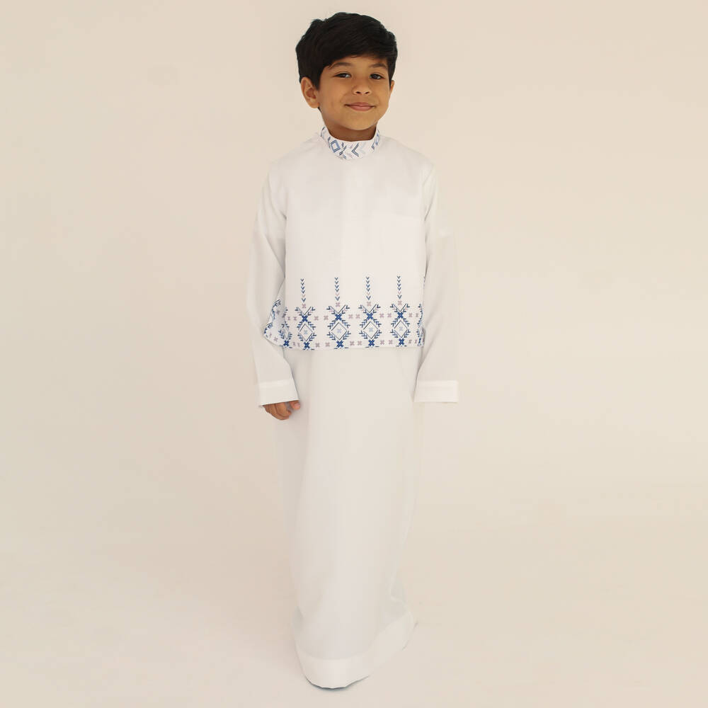 Tomi Fashion-Boys White Thobe with Blue Chevron Design | Childrensalon Outlet