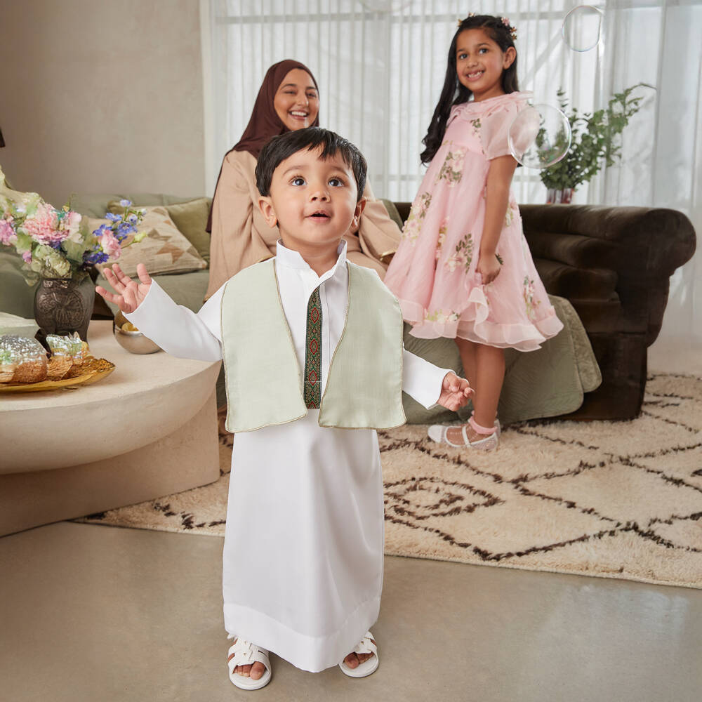 Tomi Fashion-Boys White Twill Thobe with Green Panels | Childrensalon Outlet