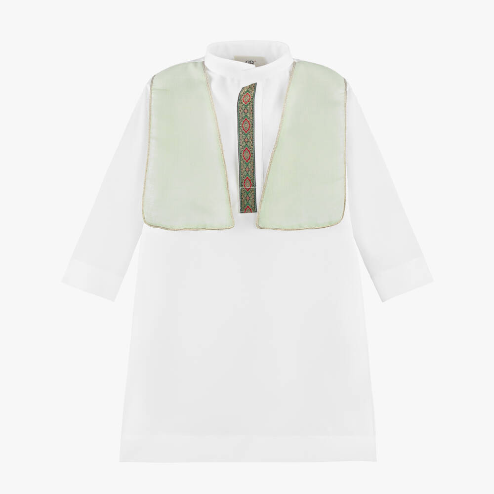 Tomi Fashion-Boys White Twill Thobe with Green Panels | Childrensalon Outlet