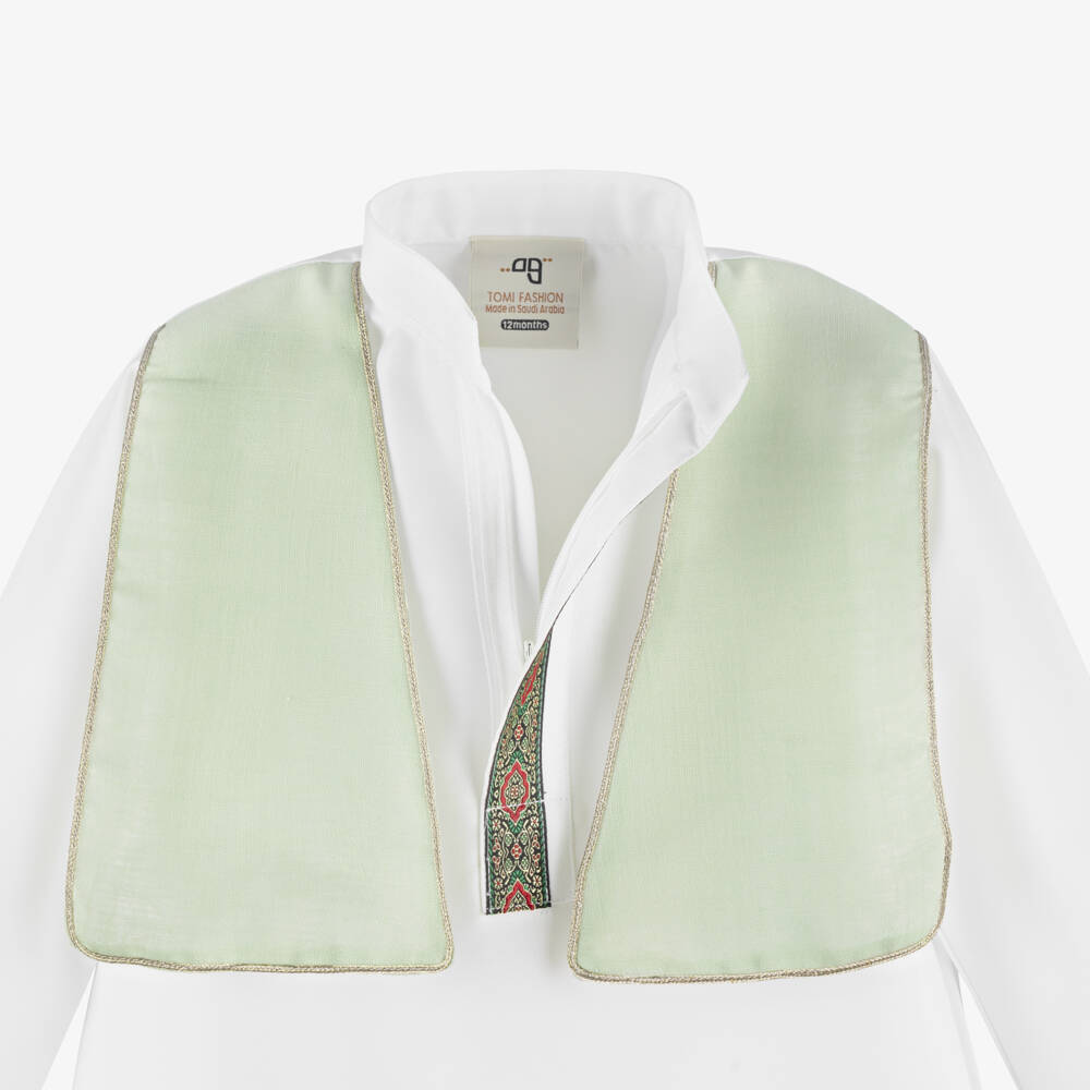Tomi Fashion-Boys White Twill Thobe with Green Panels | Childrensalon Outlet