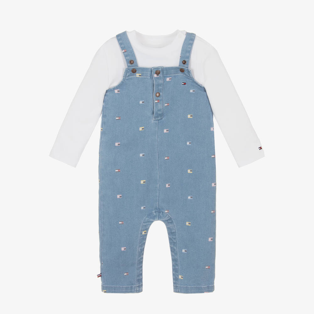 Tommy Hilfiger-Baby Boys Blue Denim Flag Print Dungaree Set | Childrensalon Outlet