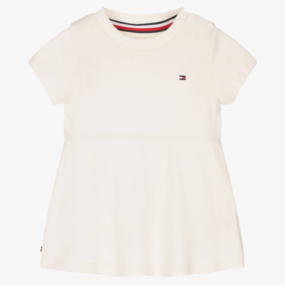 Tommy Hilfiger - Baby Girls Ivory Cotton Logo Dress | Childrensalon